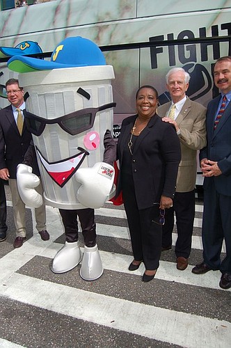 Former City Council member Denise Lee in March introduced "Jax Can," the city's mascot for the fight against blight. She was joined by, from left, council members Greg Anderson, Bill Gulliford and John Crescimbeni. Lee was appointed by Mayor Lenny Cur...
