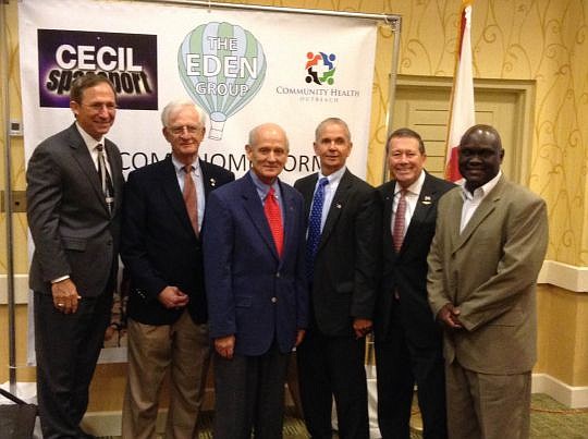 From left, Duval County Property Appraiser Jerry Holland, City Council member Bill Gulliford, former astronaut Dr. Norm Thagard and council members Doyle Carter, Jim Love and Sam Newby.