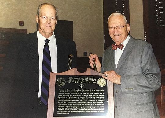 Former Florida Supreme Court Chief Justice Major B. Harding, right, was the inaugural speaker for the David A. Hallman Lecture Series, named in honor of the former Nassau County attorney. Hallman died in October 2014. Also pictured is Nassau County Co...