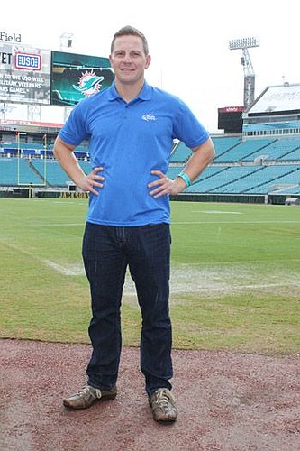 Bryan Derr, senior brew master for Jacksonville's Anheuser-Busch plant, will leap from the light tower (top right) at Sunday's Jacksonville Jaguars game. He was challenged by team owner Shad Khan.