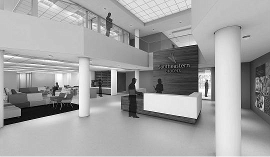 A rendering of the lobby for the Southeastern Grocers Store Support Center in the Prominence office park.