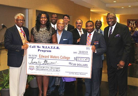 Front row from left, Kenneth Francis, Call Me Mister program manager; attorney Monica Rainge; Willard Payne, business owner; Curtis Powell, Call Me Mister student; and Nat Glover, president of Edward Waters College.Â Back row from left, former state S...