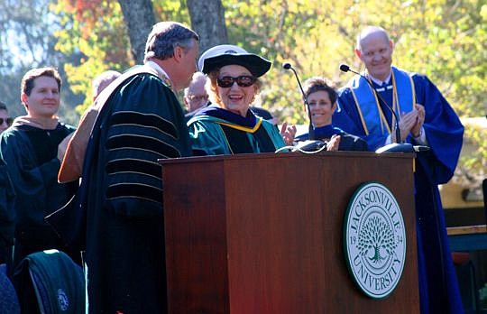Jacksonville University Chancellor Emerita Frances Bartlett Kinne shared a message of persistence, positivity and gratitude during the school's commencement Saturday. At the podium with Kinne is President Tim Cost, who called her "the original one of ...