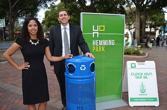 Law partners Diana Johnson and Michael Lufrano beginning in January will sponsor a bottle and can recycling program at Hemming Park.