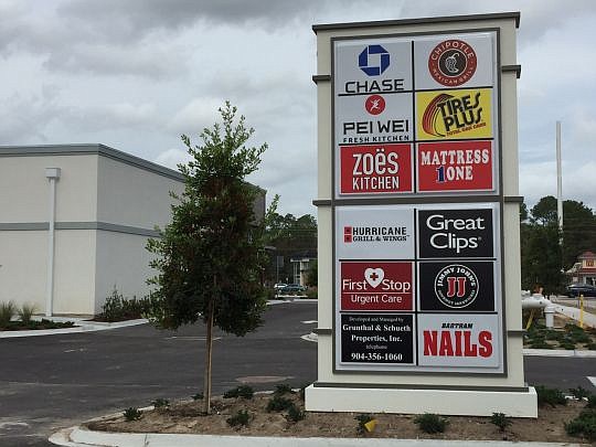 Bartram Village Retail LLC is completing construction on a three-building shopping center in South Jacksonville. It is fully leased and the tenant signage is up.