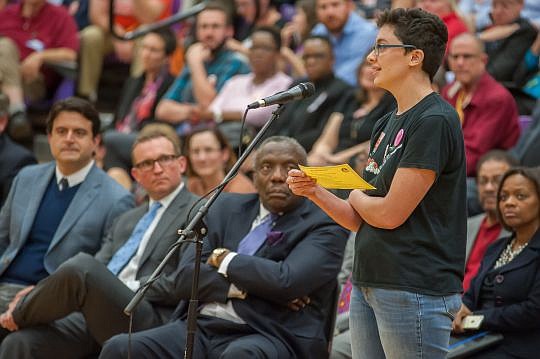 General Counsel Jason Gabriel, Mayor Lenny Curry and Edward Waters College President Nat Glover listen to a speaker during a "community conversation" about discrimination laws.