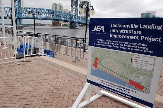 The Northbank Riverwalk between Hogan and Newnan streets is closed while JEA performs maintenance on a sewer pipe beneath the Jacksonville Landing. The $1.05 million project is scheduled for completion in early March.