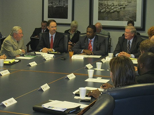 Photo by David Chapman - Mayor Alvin Brown (center) met with members of the Duval Delegation Tuesday, including state Sens. Stephen Wise (left) and John Thrasher (right) and state Rep. Lake Ray.