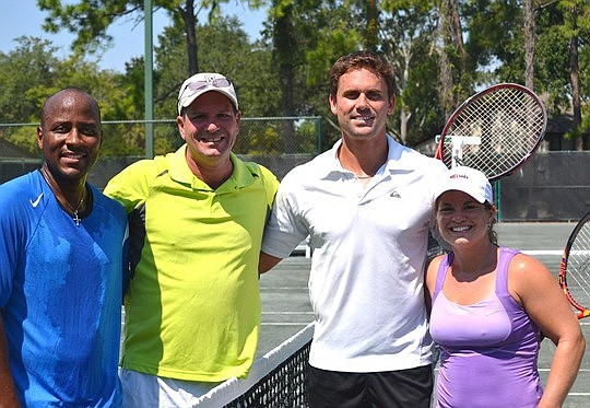 The final doubles team at the Merrill Lynch/Bank of America Golf &amp; Tennis Gala tennis pro-am: MaliVai Washington, Mike Kantor, Jan Michael-Gambill and Amanda Becker. The event raised funds for the MaliVai Washington Kids Foundation.