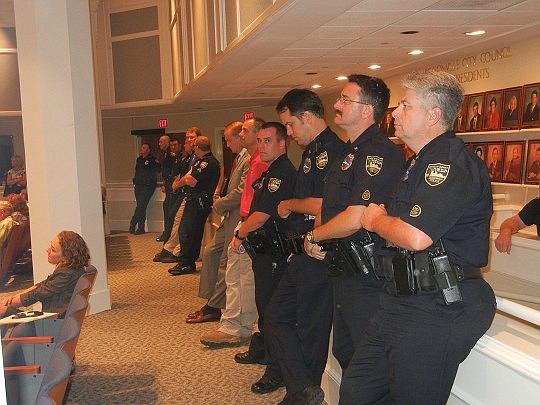 Photo by Karen Brune Mathis - Police were out in force at City Council Tuesday while Council deliberated proposed budget cuts to the Jacksonville Sheriff's Office. Council partially restored proposed cuts.