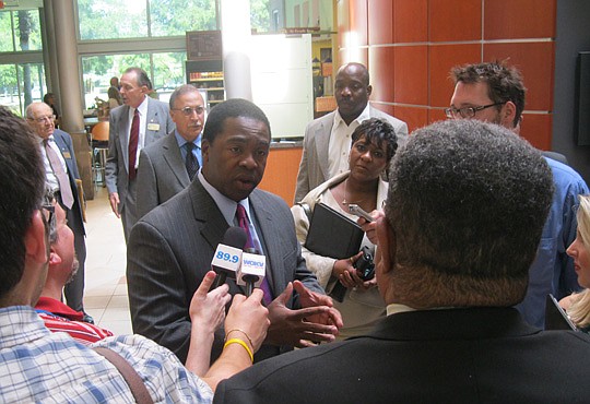 Photos by David Chapman - Mayor Alvin Brown addresses the media prior to giving a speech to the Economic Roundtable of Jacksonville at Jacksonville University Thursday.