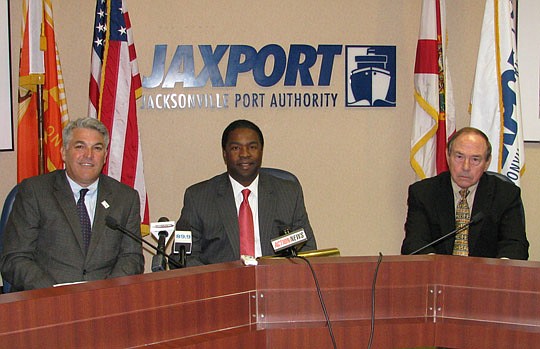 Photo by Joe Wilhelm Jr. - Jacksonville Port Authority CEO Paul Anderson, Mayor Alvin Brown and JaxChamber Senior Vice President of Business Development John Haley listen to Philadelphia Mayor Michael Nutter announce, via teleconference, Brown's appoi...