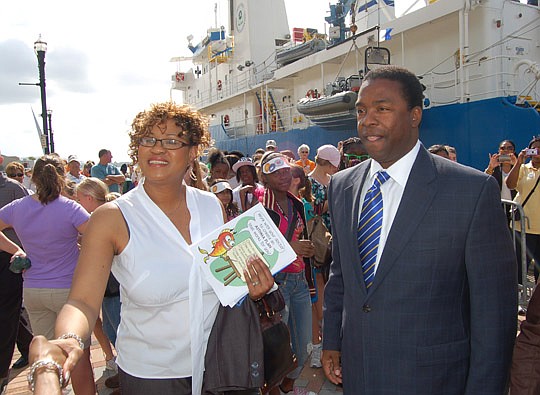 Photo by Max Marbut - State Rep. Mia Jones, City director of boards and commissions, and Mayor Alvin Brown visited the ocean research vessel "Bold" Friday on the Northbank Riverwalk near the Hyatt.