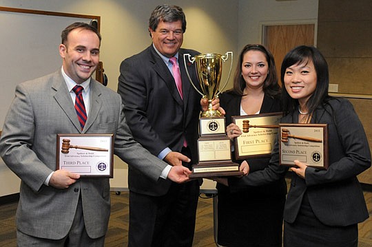 Photo special to the Daily Record by Jim LaBranche - Winners from the Third Annual Spohrer &amp; Dodd Trial Advocacy Scholarship Competition Thursday (from left) Rocco Carbone, sponsors Roger Dodd of Spohrer &amp; Dodd, Samantha Smart and Florence Che...