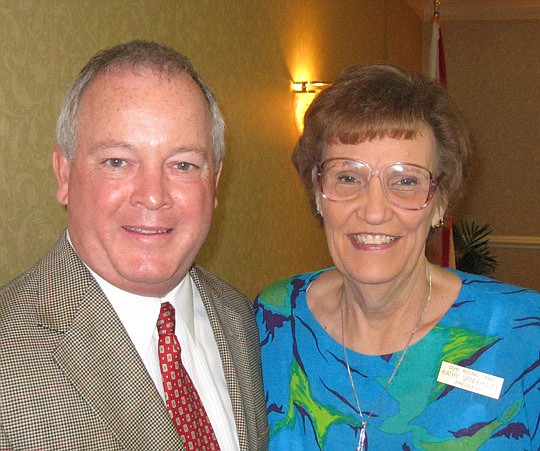 Photo by David Chapman - Corrigan and Civic Round Table President Kathy VanderVliet during the organization's recent meeting, which featured Corrigan as the keynote speaker.