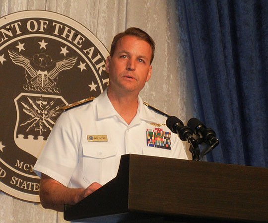 Photos by Karen Brune Mathis - Rear Adm. Jack Scorby spoke to more than 900 members and guests at the 9th Annual Military Appreciation Luncheon hosted by the JAX Chamber and presented by VyStar Credit Union at the Hyatt Downtown.