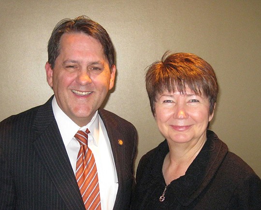 Photo by David Chapman - State Rep. Charles McBurney and Kyna Cory of Public Affairs Consultants. McBurney spoke Friday to local members of the Associated Industries of Florida for a pre-legislative session briefing.