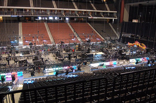A crew of more than 100 people was inside Veterans Memorial Arena Wednesday assembling the lights and rigging for Ringling Bros. and Barnum &amp; Bailey presents "Dragons."