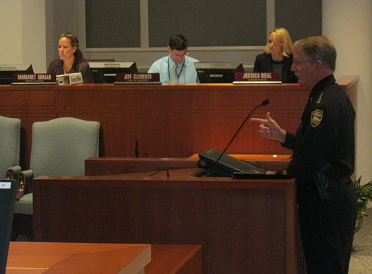 Photo by David Chapman - Sheriff John Rutherford responds to questions Tuesday from the City Council Finance Committee about a metal recycling ordinance aimed at curbing property theft. The bill passed the committee as well as the Recreation, Communit...