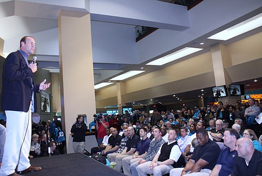 Jaguars head coach Mike Mularkey talks about the importance of the fans to the home-field advantage at a Team Teal rally Monday at the West Touchdown Club at EverBank Field. Jaguars fans could tour the Jaguars locker room, weight room, rehab and film ...