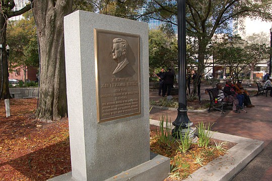 Photos by Max Marbut - The monument in Hemming Plaza to the late former President John F. Kennedy was erected almost 50 years ago by local construction labor unions.