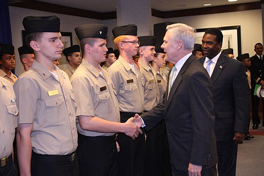 Photos by Joe Wilhelm Jr. - U.S. Secretary of the Navy Ray Mabus met with the Mandarin High School Junior Navy ROTC Monday at City Hall during his trip to Jacksonville.