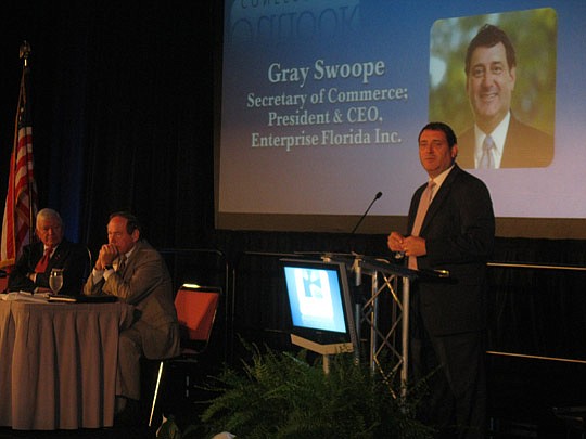 Photo by David Chapman - Gray Swoope, Florida secretary of commerce and Enterprise Florida Inc. president and CEO, talks about the state's economic development strategies at the First Coast Real Estate Economic Outlook Conference.