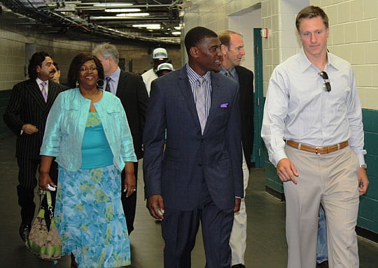 Photos by Joe Wilhelm Jr. -  From left, Jaguars owner Shahid Khan, Justin's mother Donna Blackmon, Jaguars general manager Gene Smith, Blackmon, head coach Mike Mularkey and quarterback Blaine Gabbert. Blackmon and his family were flown from New York ...