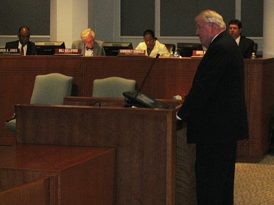 Photo by David Chapman - Chief Judge Donald Moran addresses City Council Tuesday about the furniture dispute between the judiciary and administration. Council member Kimberly Daniels (seated left of Moran) filed legislation taken up as an emergency Tu...