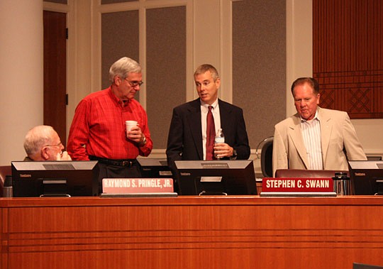 Photo by Joe Wilhelm Jr. - From left, Waterways Commission members Ray Pringle, Lane Barnett, Scott Shine and Council member and Commission Chair Don Redman at the Wednesday commission meeting.