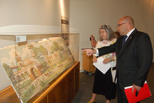 Photo by Max Marbut - Artist and 450th anniversary volunteer Joanelle Mulrain and Consul Honoraire de France Francois Kloc.