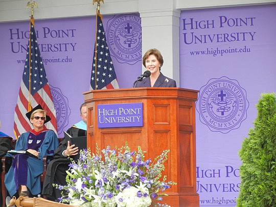 Photo by Karen Brune Mathis - Former first lady Laura Bush tells High Point University graduates to serve their communities as they pursue their careers.