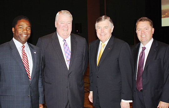Photos by Joe Wilhelm Jr. - Mayor Alvin Brown, Chief Circuit Judge Donald Moran, American Bar Association President William Robinson and The Jacksonville Bar Association President-elect Ray Driver at the 2012 Equal Justice Awards held at the Hyatt May...