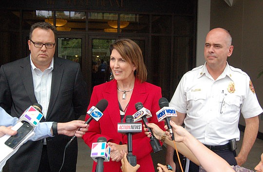 Photo by Max Marbut - City Procurement Chief Greg Pease, Deputy Chief of Staff Karen Bowling and Marty Senterfitt, chief of the Fire &amp; Rescue Department, answered questions Tuesday about the delay in opening the new Duval County Courthouse.