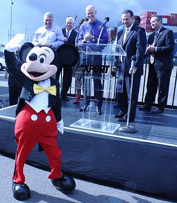 Photo by Joe Wilhelm Jr. - From left on stage, Jacksonville Port Authority CEO Paul Anderson; MOL America Vice President Dennis Sheehan; Lt. Gov. Jennifer Carroll behind Gov. Rick Scott; Walt Disney Parks and Resorts U.S. Senior Vice President and CFO...