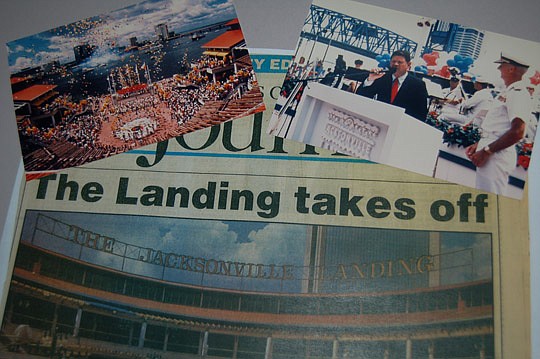 Photos by Max Marbut - From the historical archives of The Jacksonville Landing: The front page of the June 25, 1987, Jacksonville Journal and photos of the grand opening and former Mayor Jake Godbold dedicating the city's new riverfront shopping center.