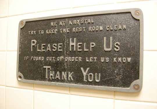 Photo by Max Marbut - This sign is in the women's restroom at Jax City CafÃ© on Forsyth Street. The site was originally a Krystal restaurant, one of three Downtown in the 1960s.