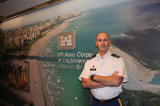Photo by Joe Wilhelm Jr. - Col. Alan Dodd is the 57th commander of the U.S. Army Corps of Engineers, Jacksonville District. Former District Commander Col. Alfred Pantano passed the flag to Dodd at a change of command ceremony June 28. Dodd sees his ro...