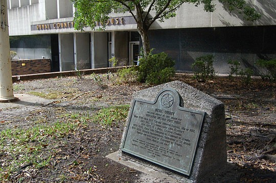 Photos by Max Marbut - A monument dedicated to the founding of Duval County is still in place near the old Duval County Courthouse along East Bay Street.