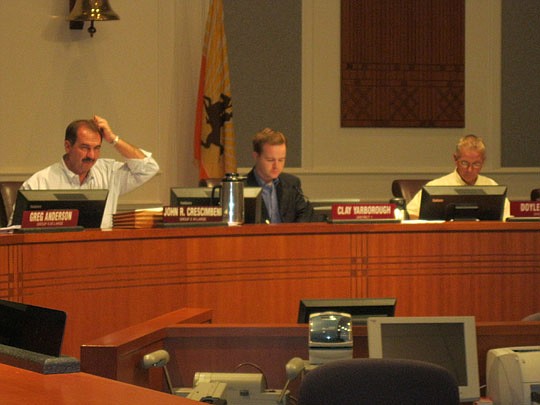 Photo by David Chapman - City Council members John Crescimbeni, Clay Yarborough and Doyle Carter listen to legal explanations of portions of Mayor Alvin Brown's proposed Downtown Investment Authority. They chair the Council Finance, Rules and Recreati...