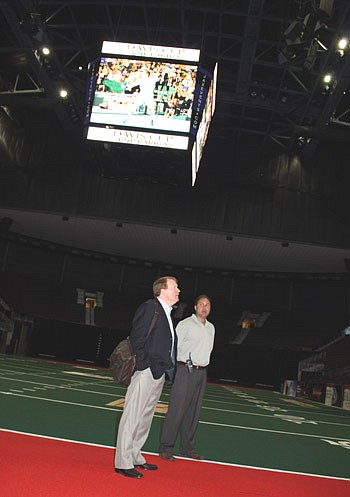 Photos by Joe Wilhelm Jr. - USTA Senior Director, USA Team Events, Jeff Ryan on a tour of the Arena on Tuesday with Jamie Nice, SMG event services manager for the Arena. Ryan was in Jacksonville scouting a location for the Davis Cup Finals in November...
