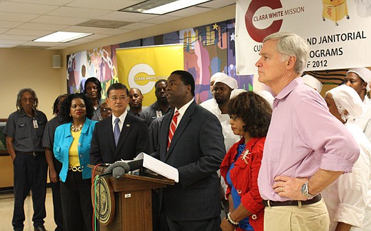 Photos by Joe Wilhelm Jr. - From left, Ju'Coby Pittman, CEO/president of Clara White Mission, Eric Shinseki, Secretary of Veterans Affairs, Mayor Alvin Brown and U.S. Reps Corrine Brown and Ander Crenshaw gathered Downtown at the Clara White Mission o...