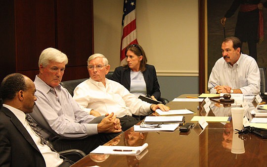 Photos by Joe Wilhelm Jr. - From left, City Chief Financial Officer Ronnie Belton, St. Johns River Ferry Commission member Richard Redick, proposed commission members Carl Cannon and Marla Buchanan; and commission Chairman John Crescimbeni during a re...