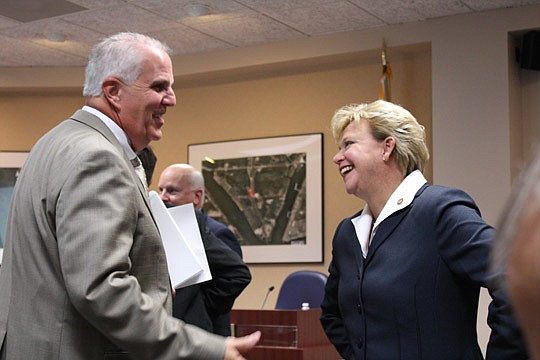 Photos by Joe Wilhelm Jr. - Jacksonville Port Authority Executive Vice President Roy Schleicher and state Rep. Janet Adkins (R-Fernandina Beach) during Wednesday's meeting. Adkins has been part of the effort to keep the ferry open.