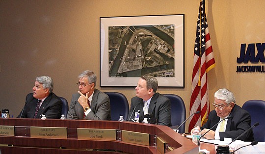 Photo by Joe Wilhelm Jr. - From left, Jacksonville Port Authority CEO Paul Anderson and board of directors Treasurer John Anderson, Vice Chairman Joe York and Chairman Jim Citrano at the board's monthly meeting Tuesday. John Anderson, York and Citrano...