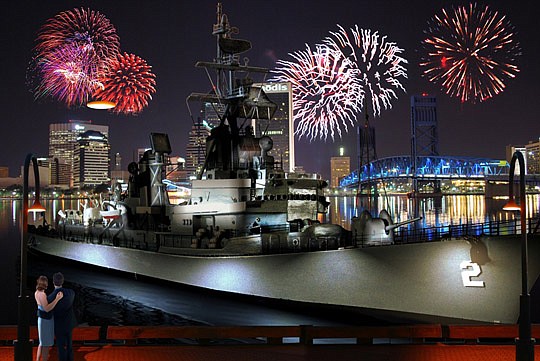 An artist conception of the USS Charles F. Adams docked Downtown.