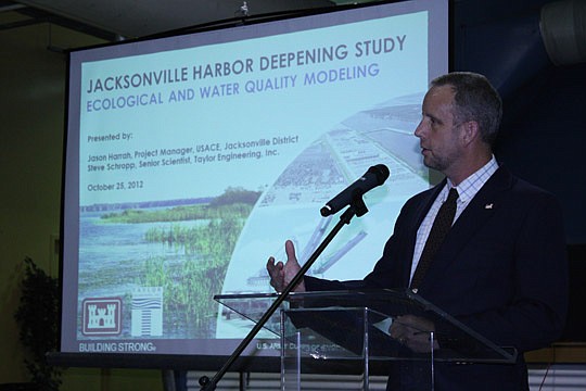 Photo by Joe Wilhelm Jr. - Eric Bush, U.S. Army Corps of Engineers, Jacksonville District, chief of planning policy, addresses attendees to a meeting to release preliminary results of the Jacksonville Harbor Navigation Deepening study.
