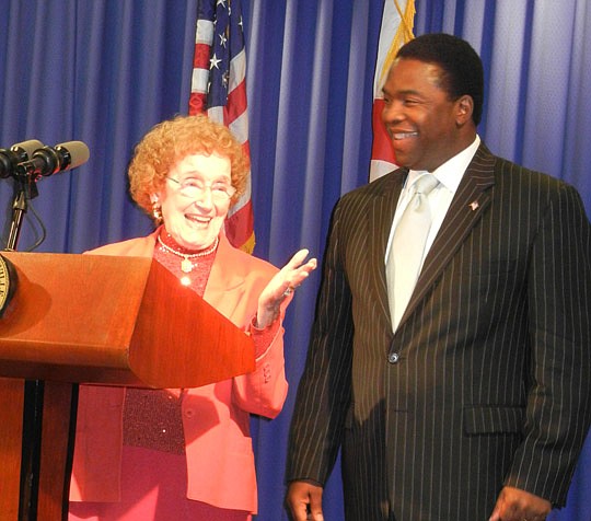 Photo by Karen Brune Mathis - Mayor Alvin Brown proclaimed Nov. 1, 2012, "Dr. Frances Bartlett Kinne Day" in honor of the Jacksonville University chancellor emeritus. A surprised Kinne asked retiring JU President Kerry Romesburg, "Did you know this?" ...