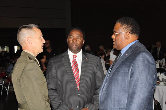 Photo by Joe Wilhelm Jr. - Lt. Gen. William Faulkner of the U.S. Marine Corps, Mayor Alvin Brown and Victor Guillory, director of the City's military affairs and veterans and disabled services department, at the JAX Chamber's 10th Annual Military Appr...