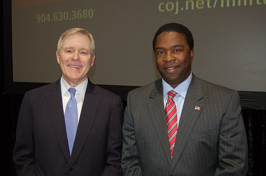 Photos by Max Marbut - U.S. Secretary of the Navy Ray Mabus (left) and Mayor Alvin Brown welcomed hundreds of former military personnel to the City's inaugural job fair for veterans Friday at the Osborn Center.